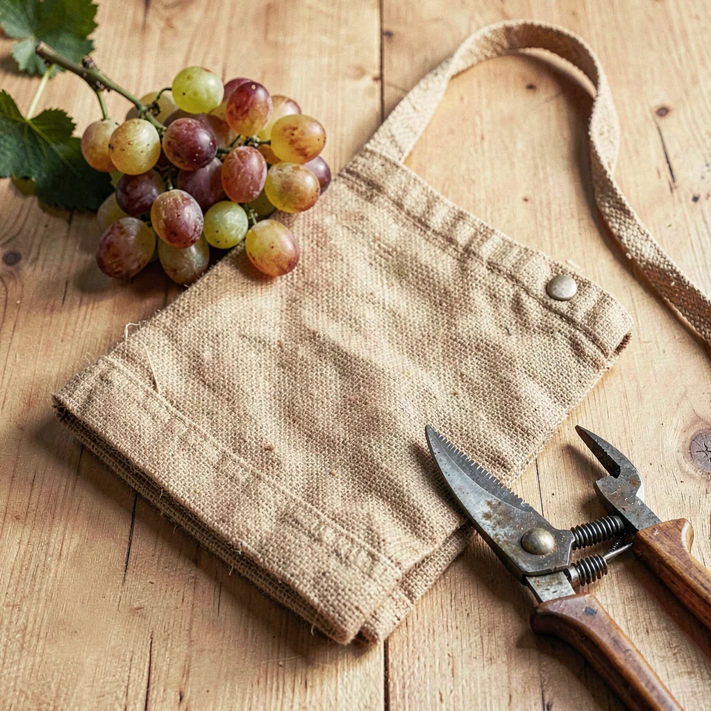 Warm flat lay of a folded burlap apron with a bunch of clipped grapes and prunin