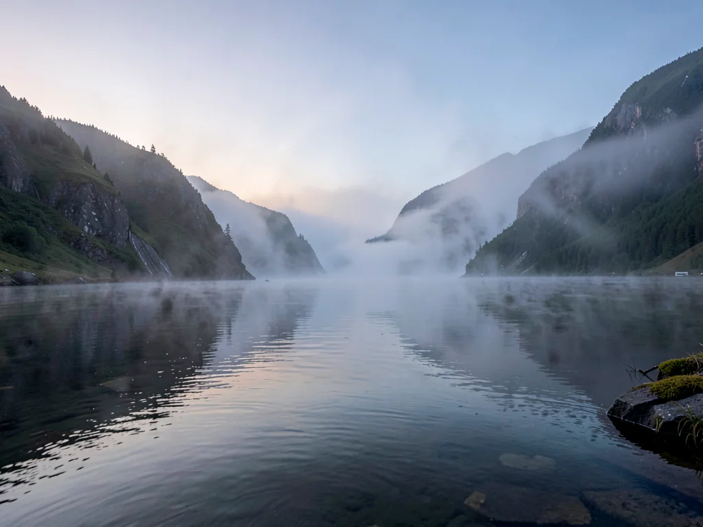 Evening mist rising from water surface