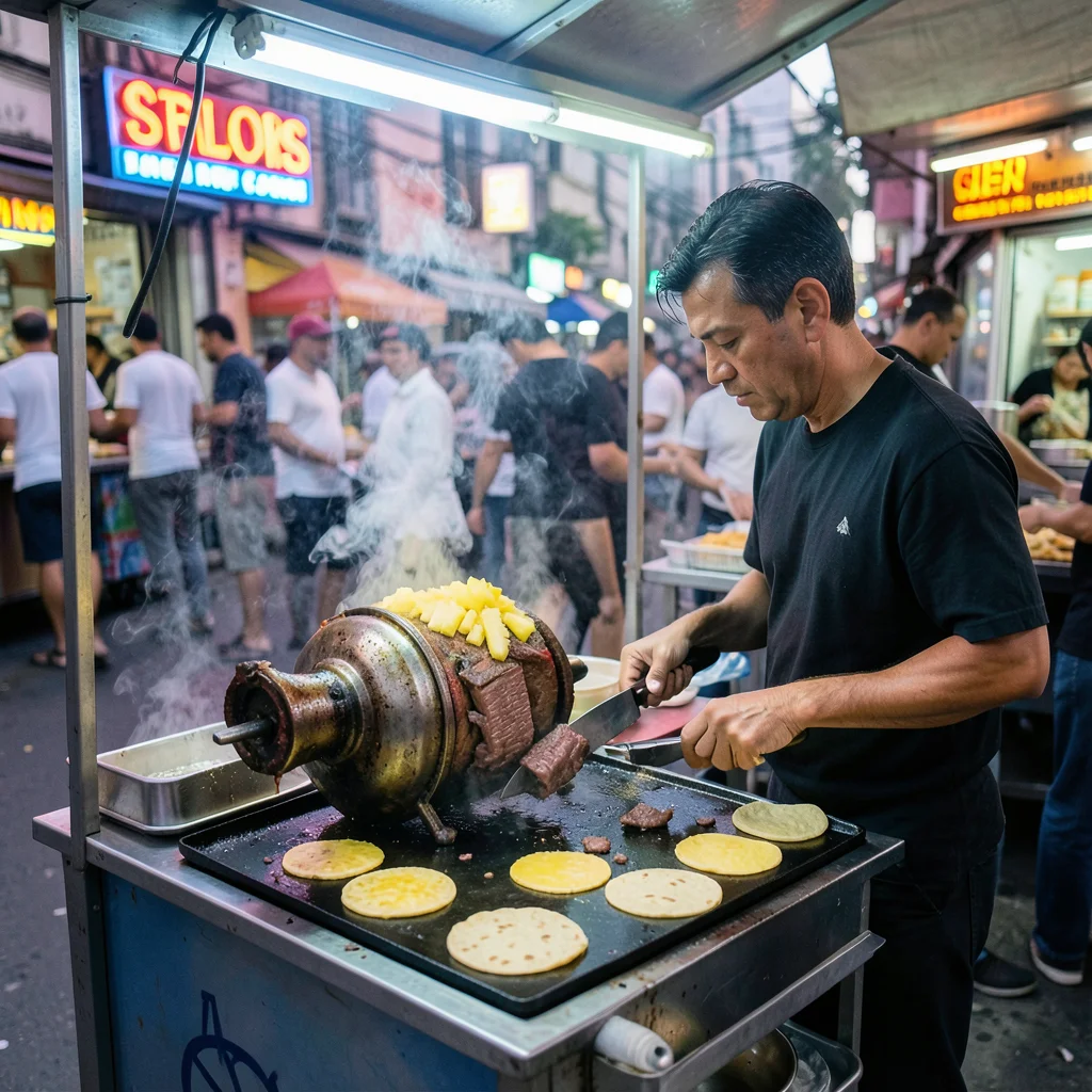 A taco cart in Mexico City, the taquero slicing meat from a rotating al pastor s