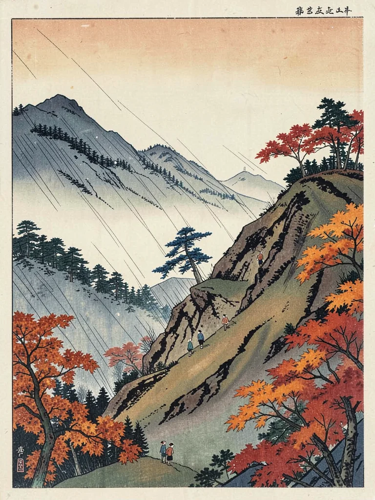 Mountain slope in autumn — three tiny figures ascending, maples in color on eith