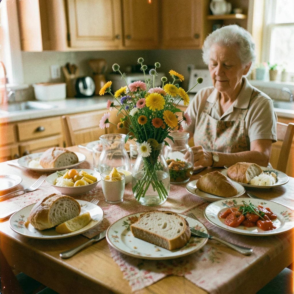 A grandmother's kitchen table set for Sunday dinner, mismatched plates, fresh br