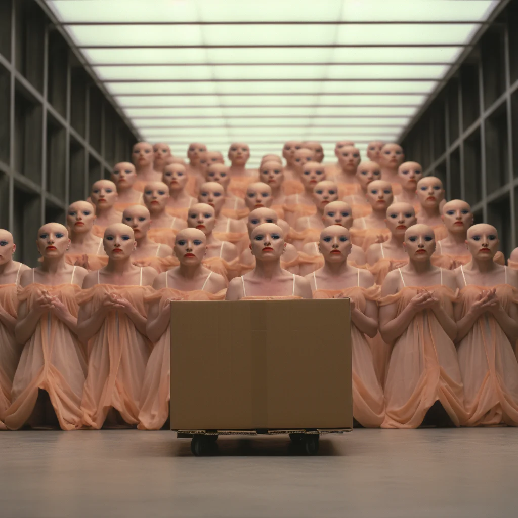 Film still occult portrait of amazon delivery workers