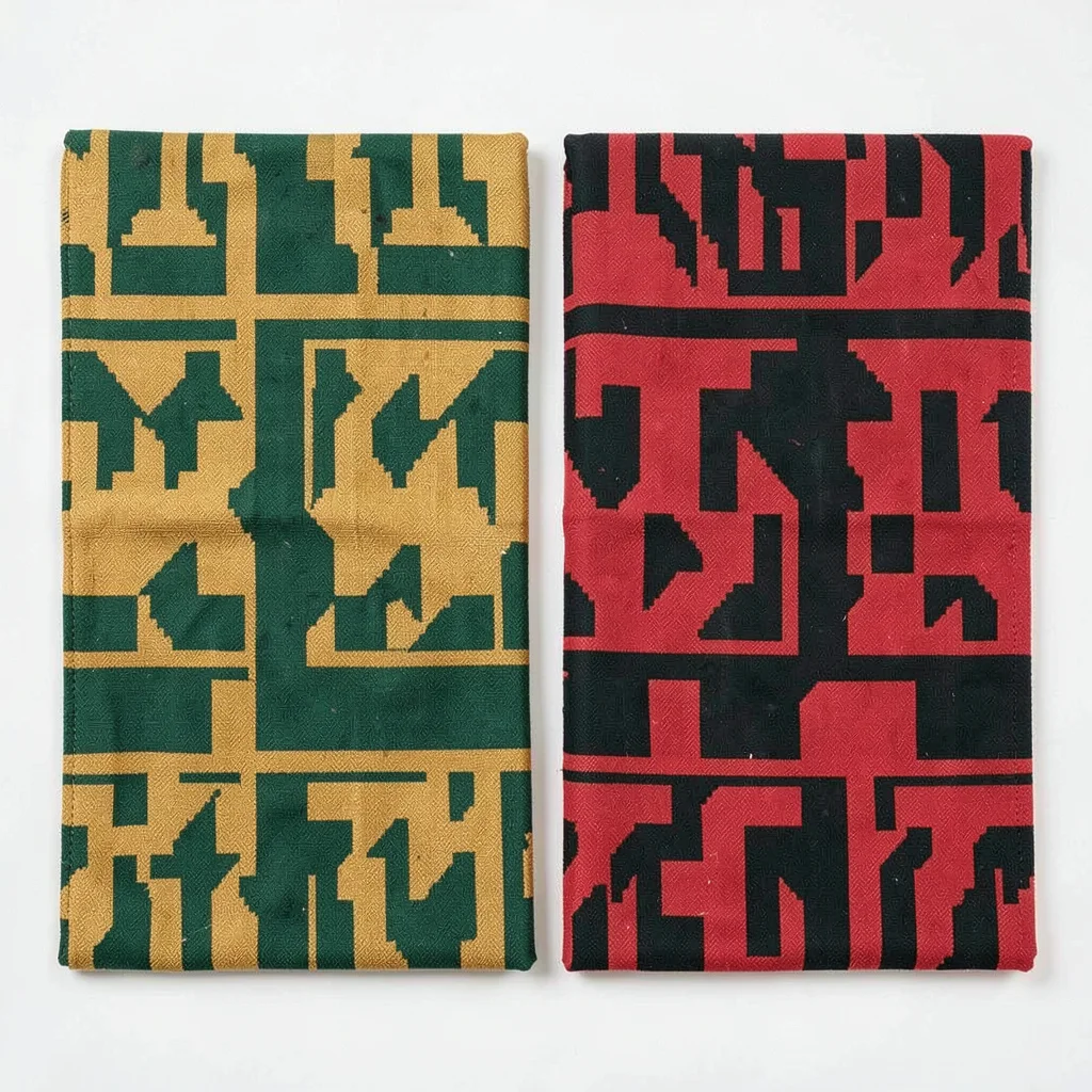 Two folded kente cloths side by side — contrasting pattern bands, flat-lay