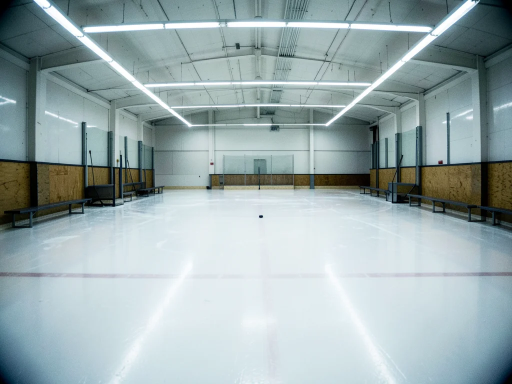 The interior of an empty ice rink after the Zamboni has made its final pass, the