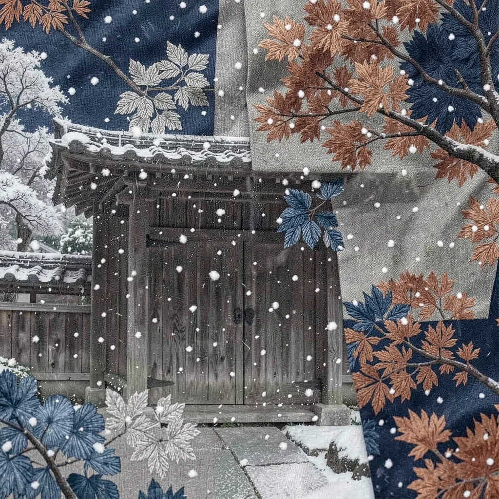 Through the textile eye of Kyoto, woven and dyed, Snow falling on a wooden shrin