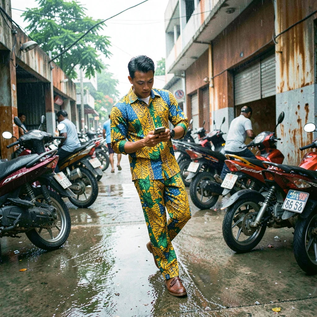 High-energy street photograph, Young man in bright aso-oke fabric checking smart