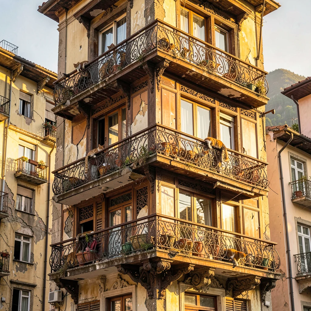 Crumbling Art Nouveau balconies in golden Tbilisi light, multiple balconies stac