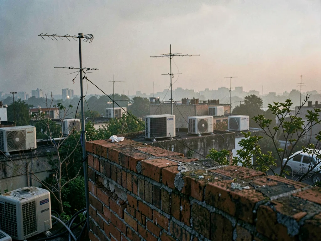 Crumbling brick parapet looks across a rooftop wilderness of AC units and antenn