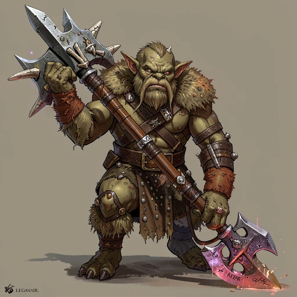 Fantasy weapon illustration, an orc chieftain's cleaver, crude but massive, bone
