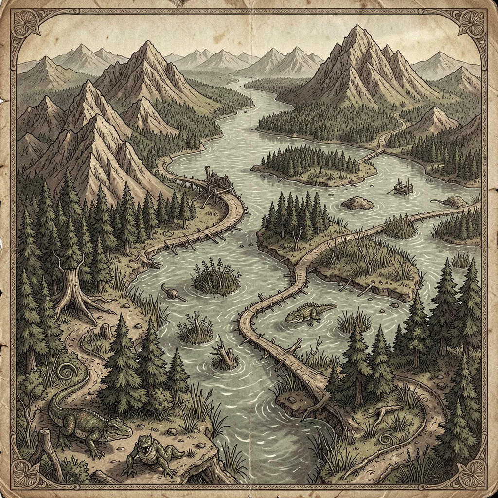 Fantasy map illustration, a swamp region map with murky waters, hidden paths, an