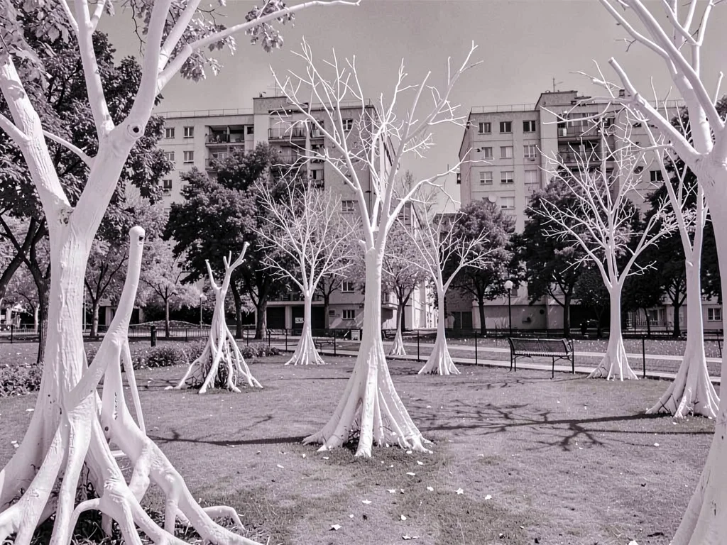 Urban park with alien white trees