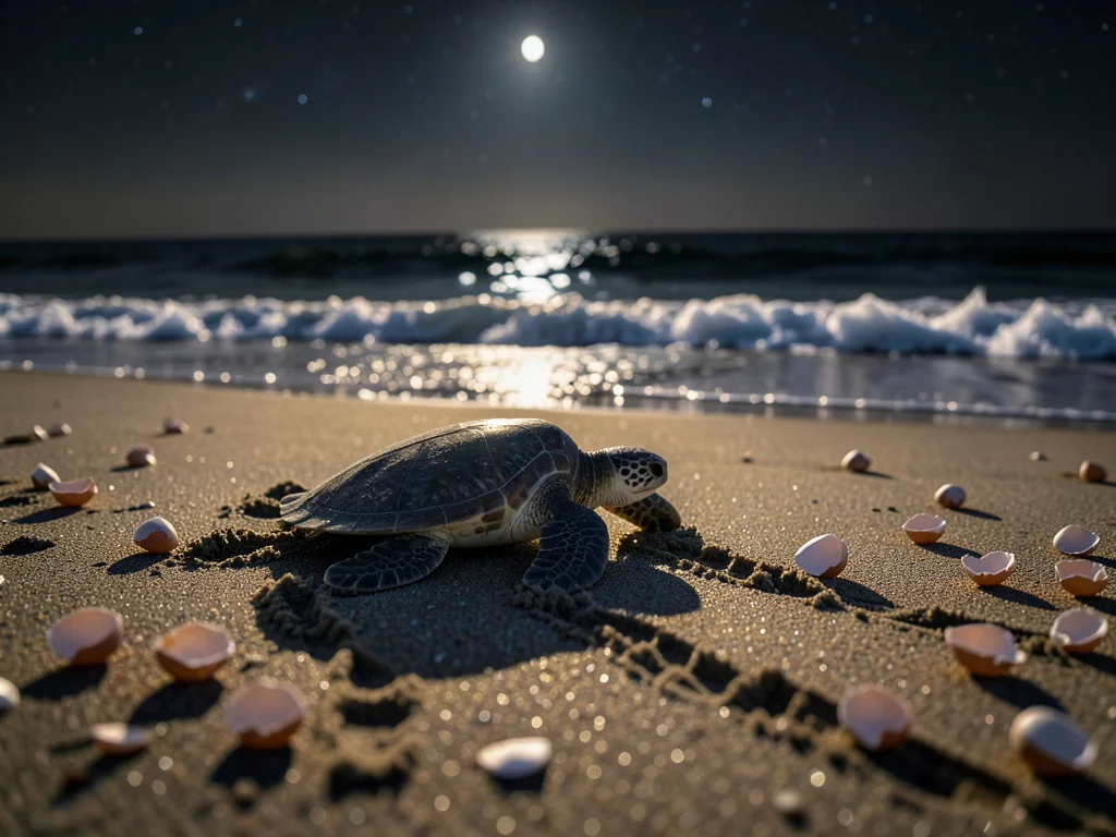 A newly hatched sea turtle making its way across moonlit sand toward the ocean, 