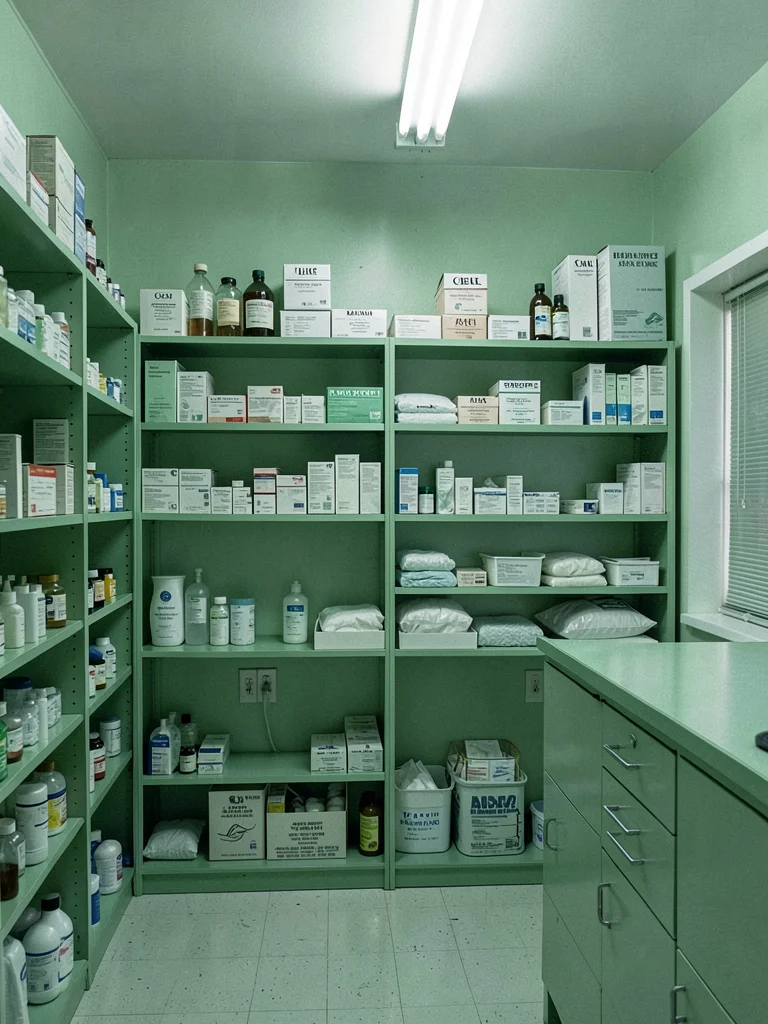Medical supply closet with green shelving, organized healing materials