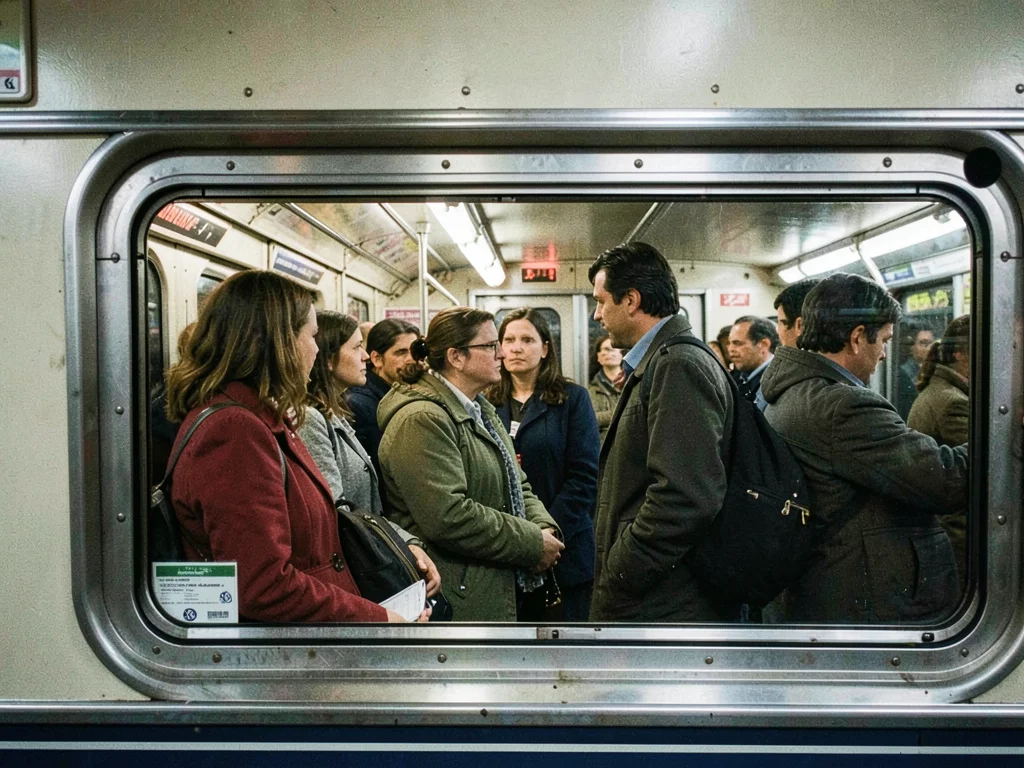 Subway passengers through window