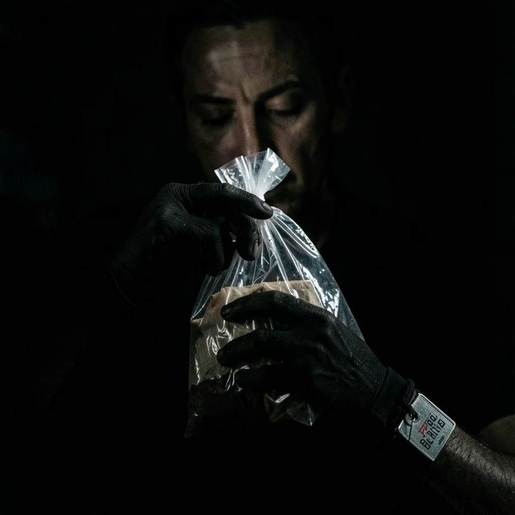 Hand in glove holding evidence bag, single light catching what's inside through 