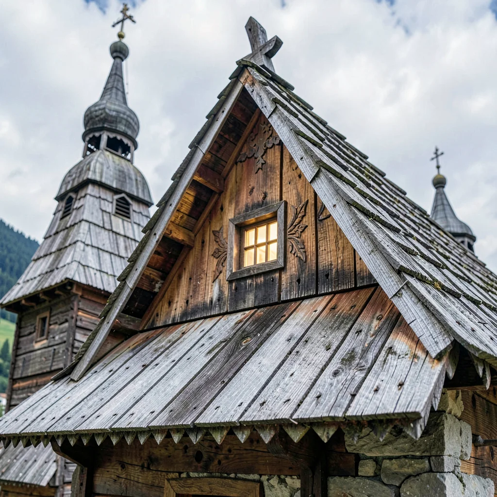 Maramures wooden craft, hand-carved church detail, Wooden roof shingles weathere