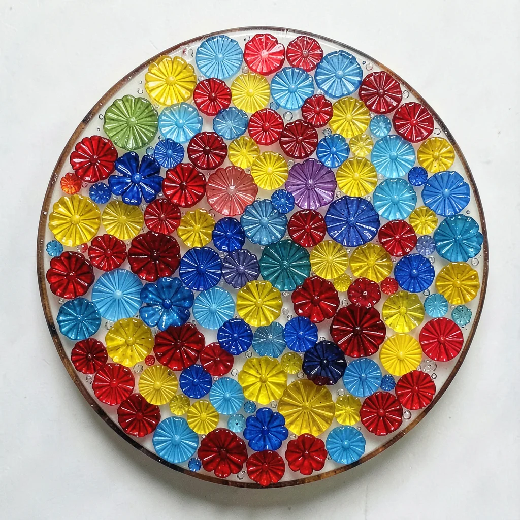 Millefiori glass slice overhead — dense grid of tiny flower cross-sections in re