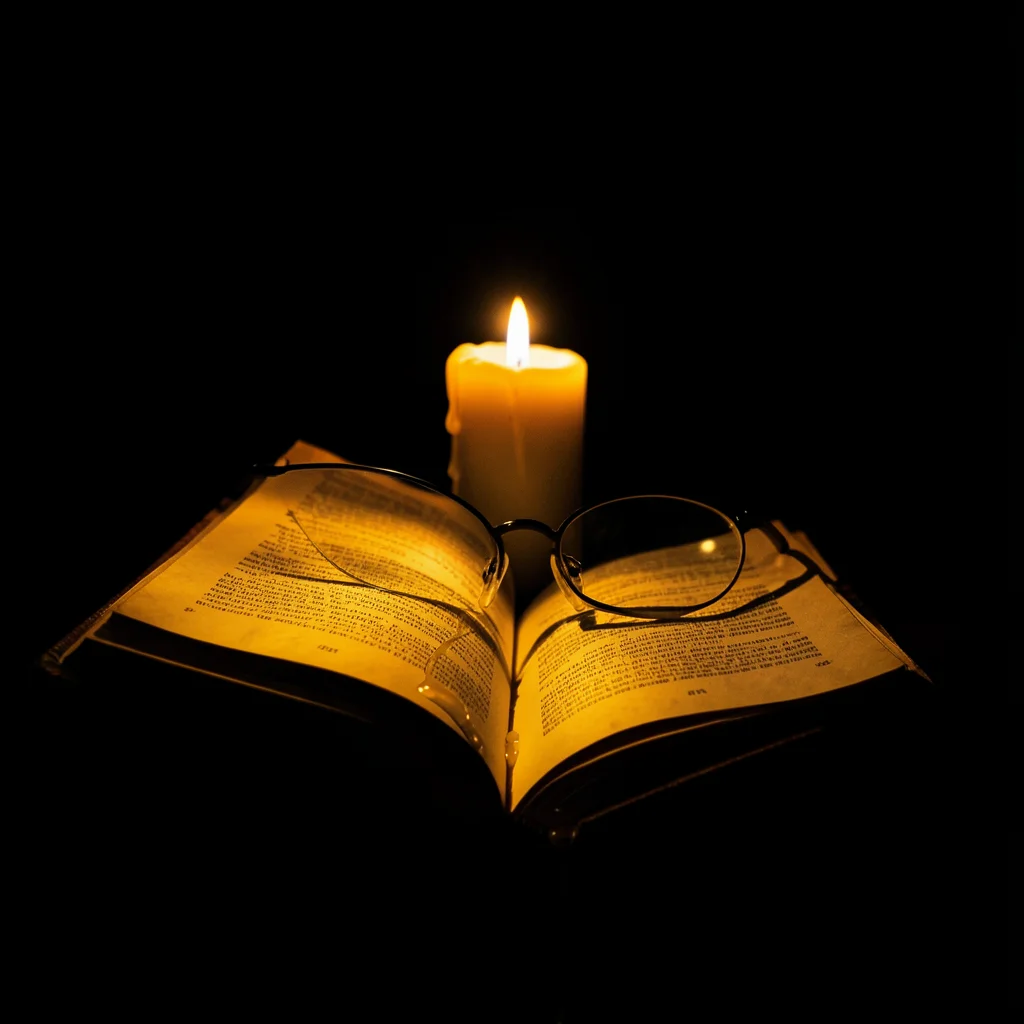 An open book with reading glasses, a single candle behind creating a warm glow o