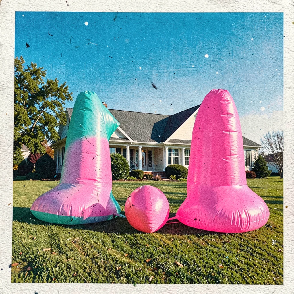 Inflatable holiday decorations sagging slightly on a freshly mowed tract-house l