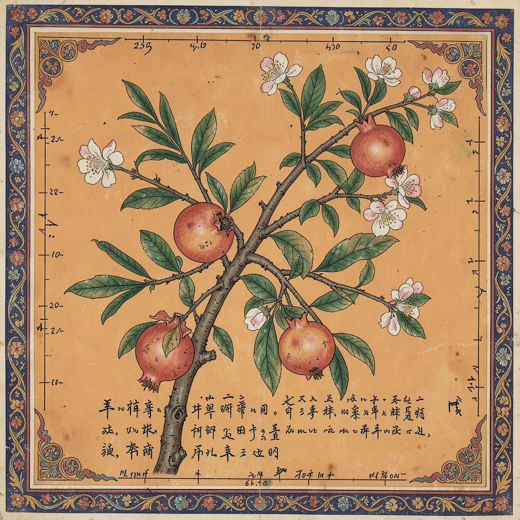 A pomegranate branch bearing fruit and blossoms simultaneously, scientific margi