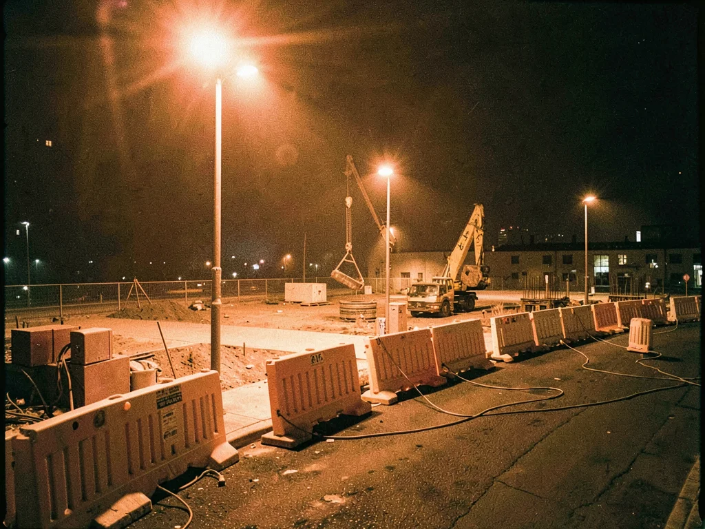 Construction site at night, orange barriers and equipment, work suspended