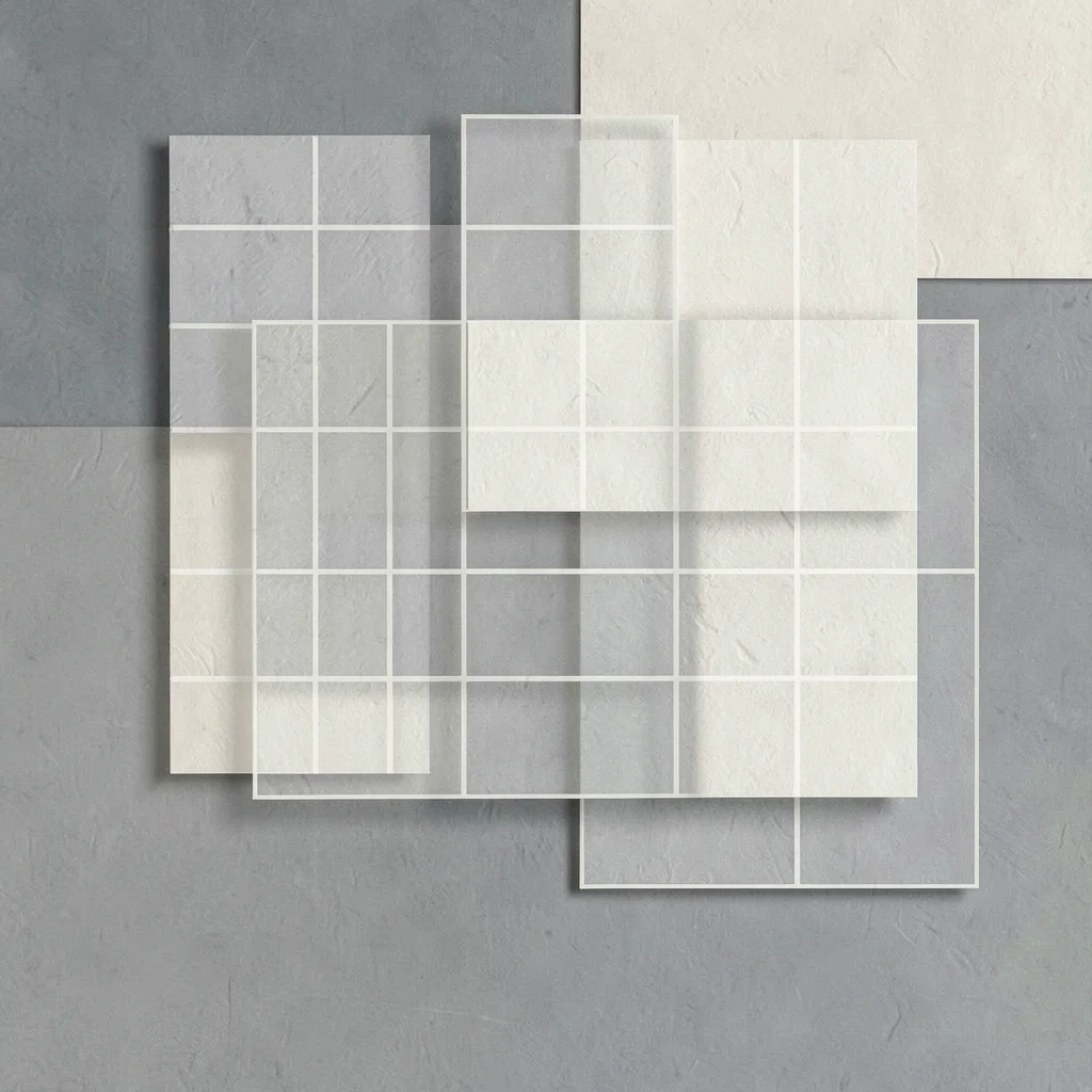 Flat-vector dashboard composition with overlapping translucent grid panels, slat