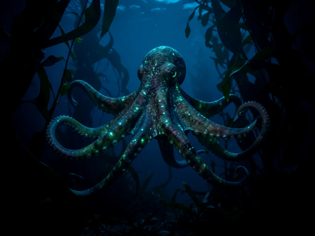 Giant Pacific octopus moving through a kelp forest, tentacles flowing, camouflag