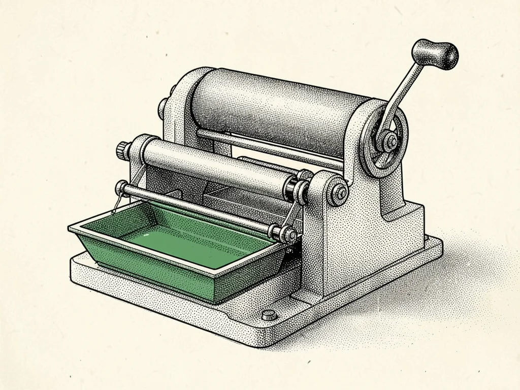 Mechanical diagram of a small printing press displays stippled rollers and one f