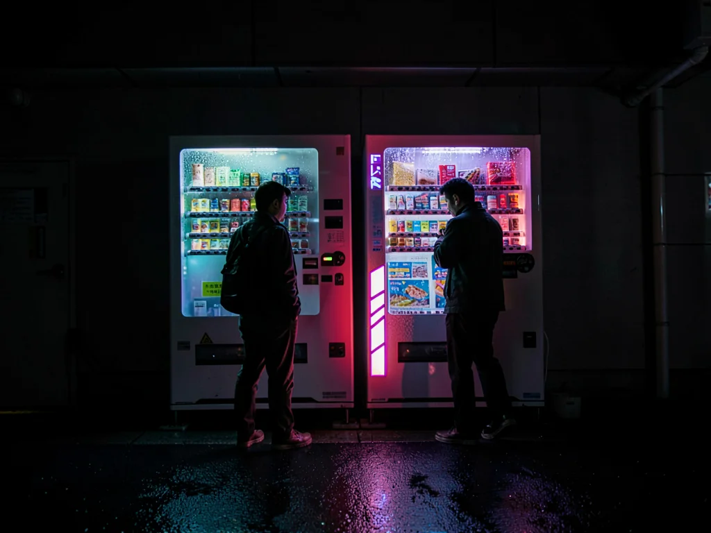 Two strangers at adjacent vending machines, the parallel commerce, acknowledged 