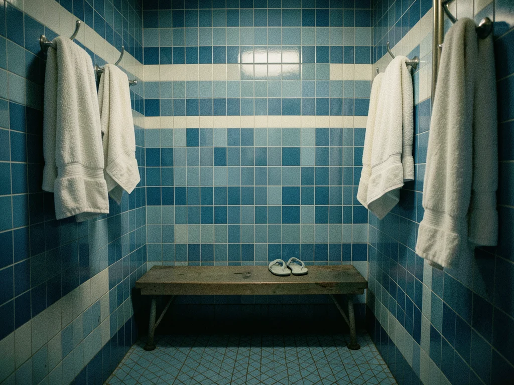 A public pool changing room in blue and white tile, towels on hooks, a pair of f