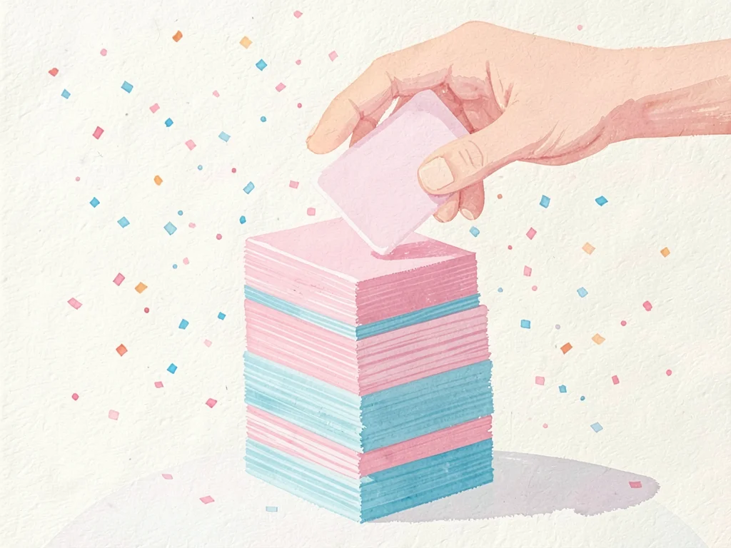 Cards-being-dealt scene in flat gouache, a tall stack distributed by an unseen h