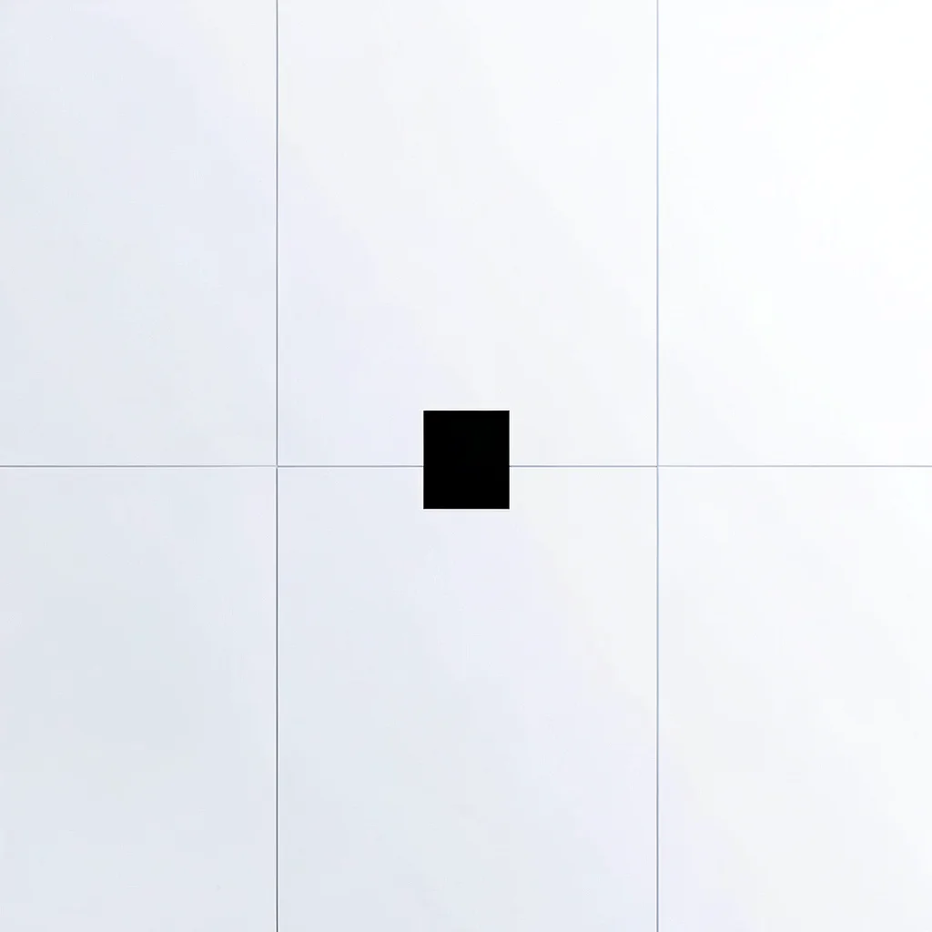 Blanc-studio swiss minimal layout on cool white with a single small black rectan