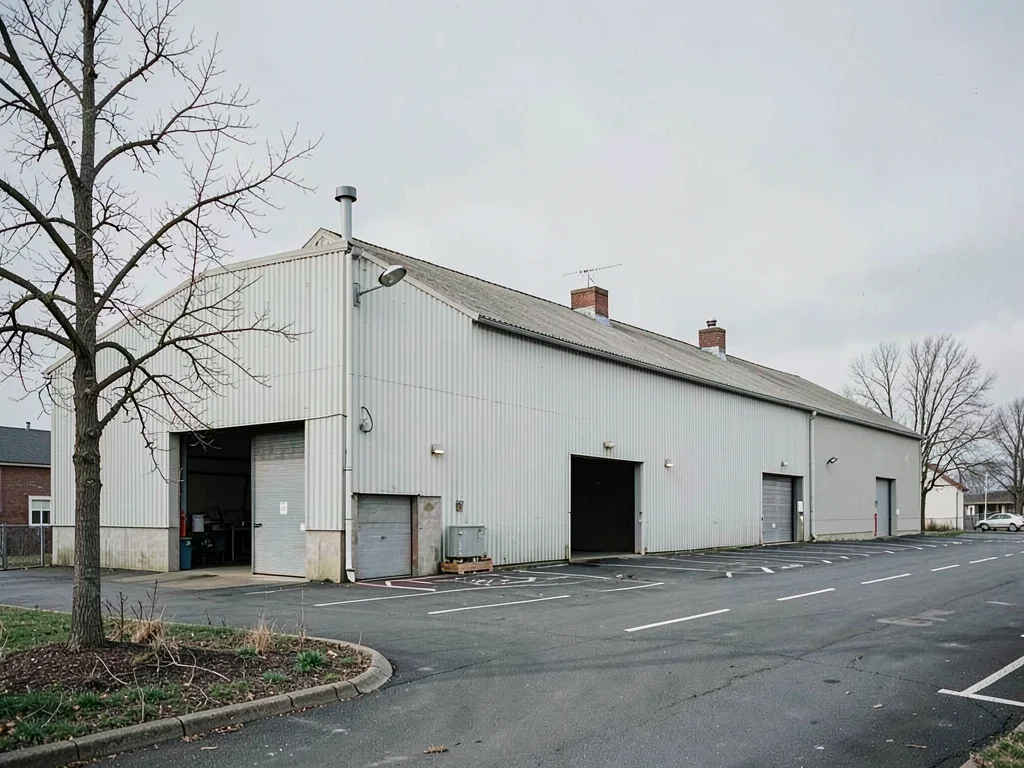 Warehouse district: long low building, corrugated metal, loading bays, parking l