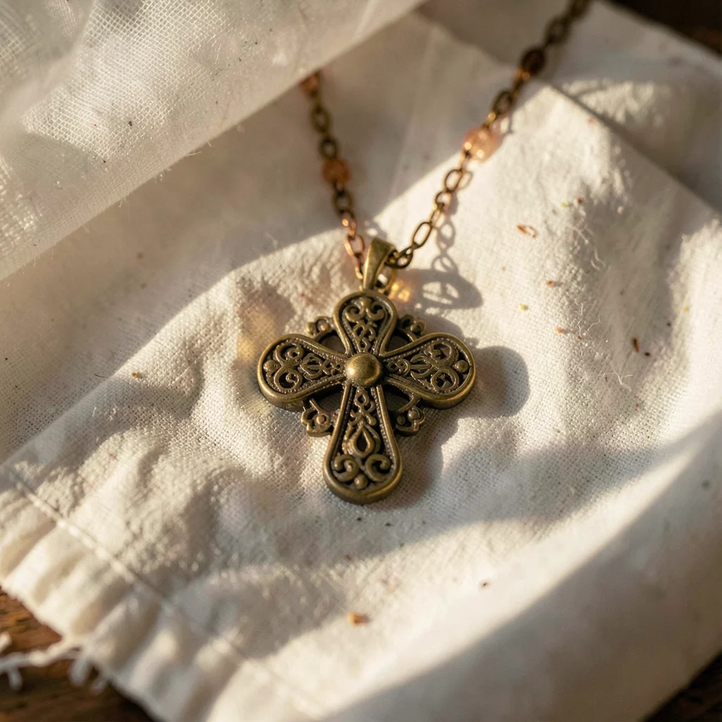 Intimate warm-toned photograph, Brass cross pendant on white cotton fabric, deta