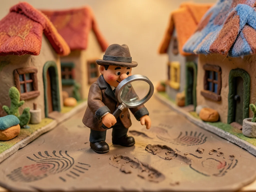 A clay detective with a magnifying glass examining footprints in a plasticine st