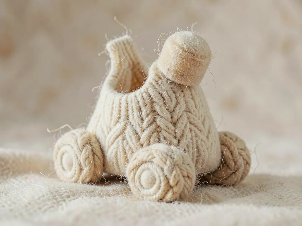Treaded cream knit tank with chunky cable-knit caterpillar tracks and a felted t