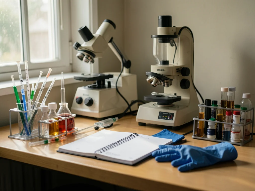 A scientist's lab bench: pipettes, a centrifuge, sample tubes in a rack, a lab n