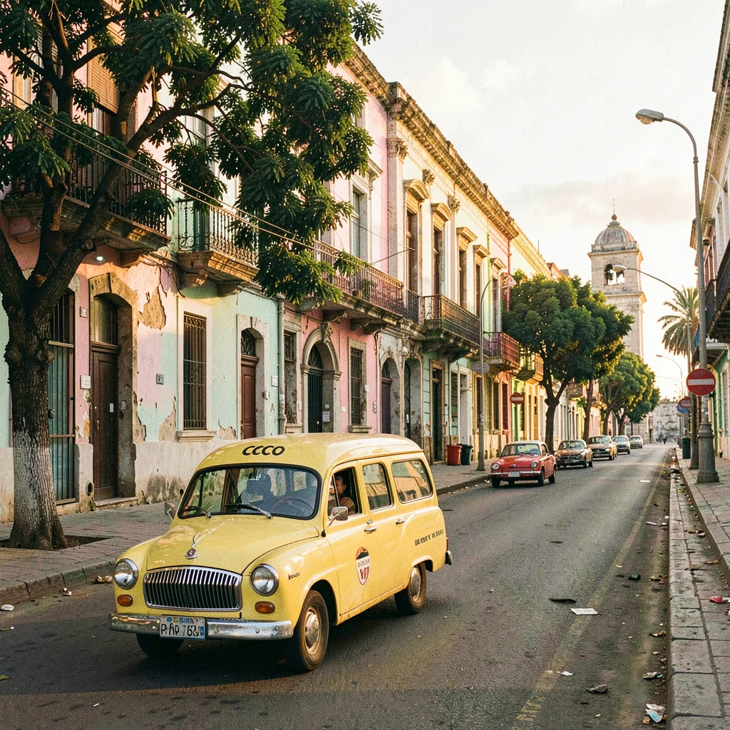Faded pastel decay of Havana, Cuba, Coco taxi on Prado boulevard, yellow egg sha