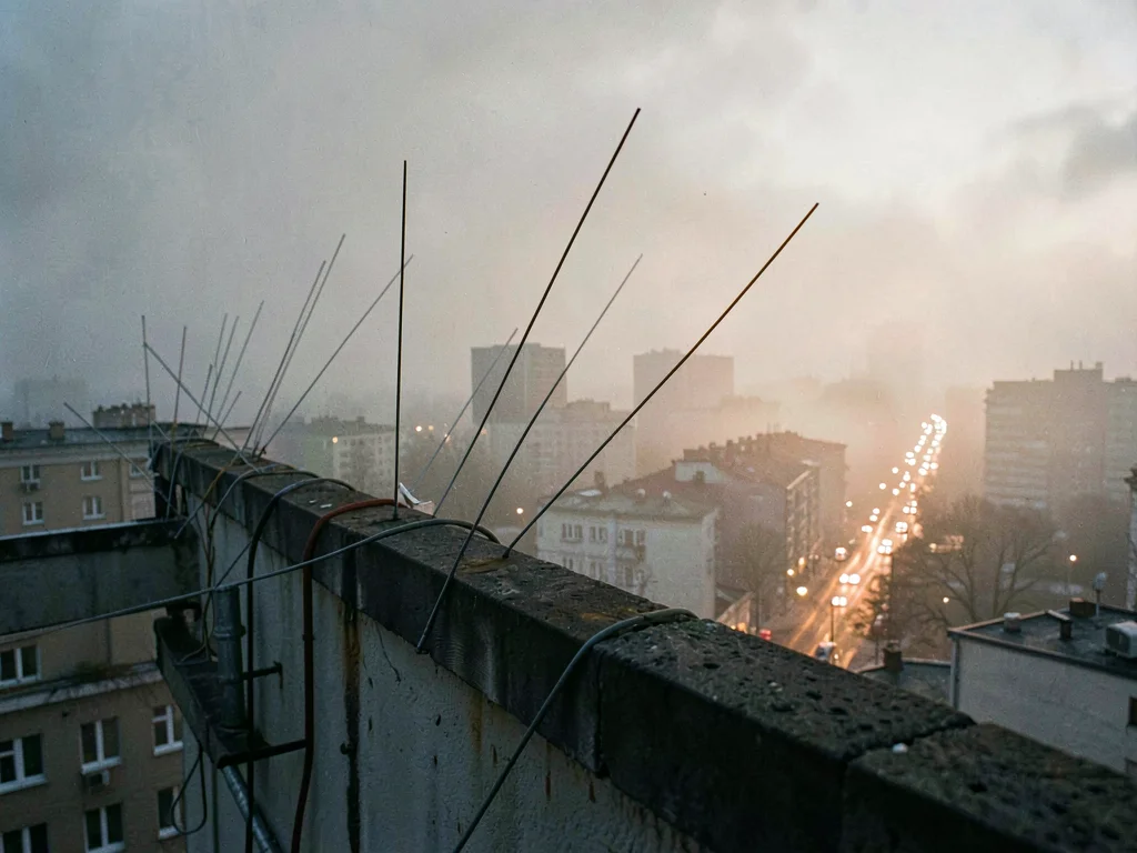 Whip antennae bristle along a rooftop edge as foggy dawn light slowly lifts off 