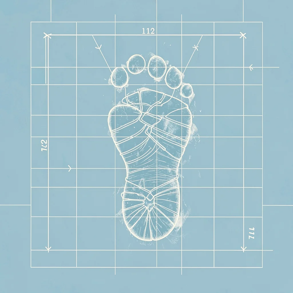 Cyanotype drawing of a researcher's bootprint frozen in the grid, dimensions cal