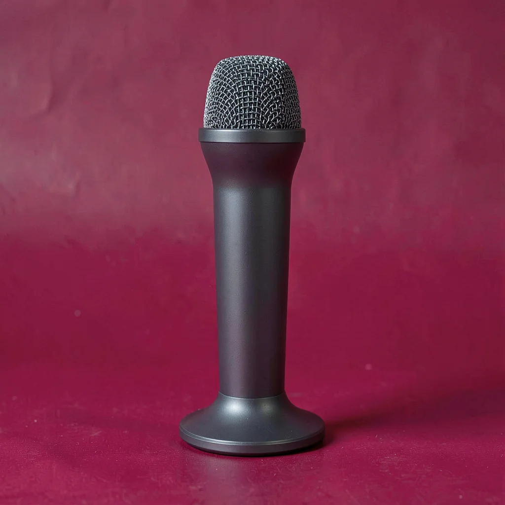slim matte-charcoal desktop microphone with a fabric grille straight-on against 
