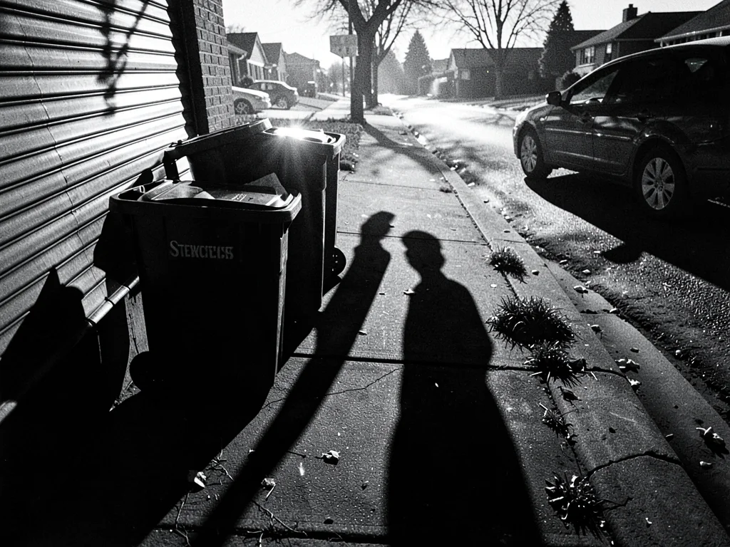 Recycling bins at curb, dramatic shadows revealing ordinary secrets, domestic su