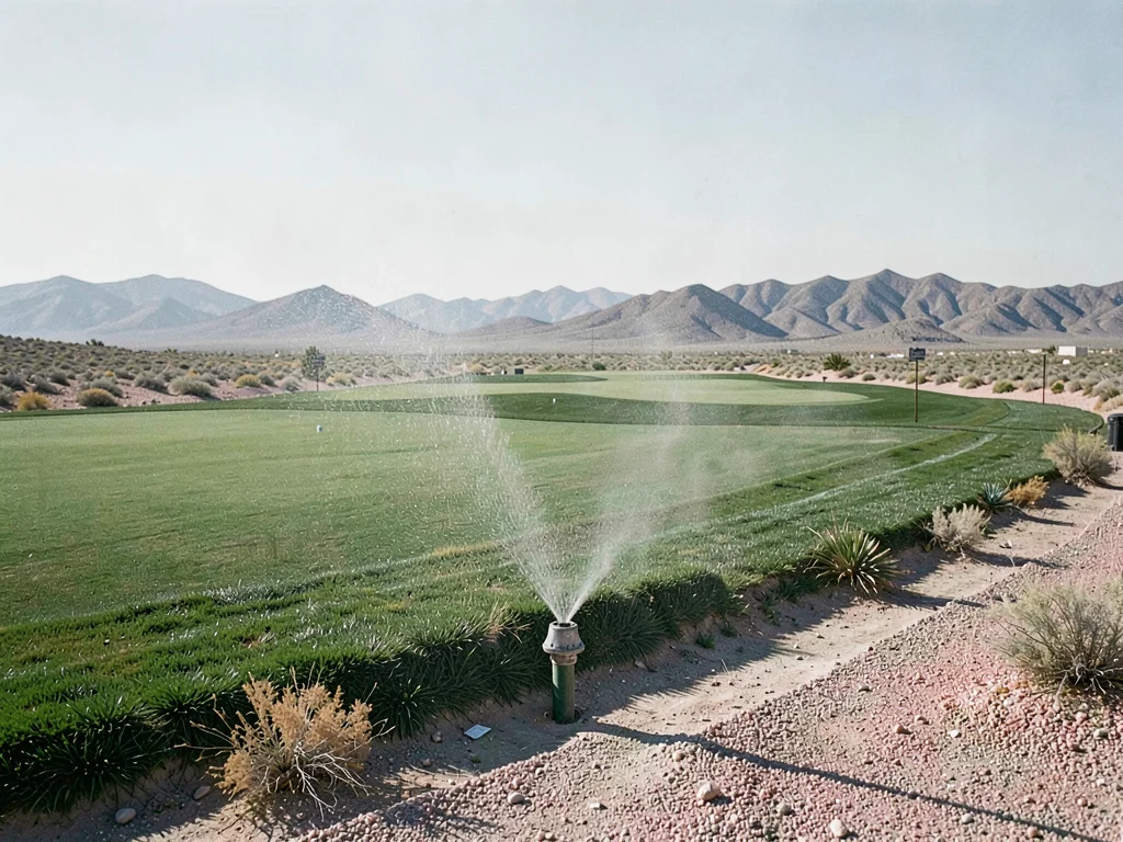 Golf course boundary where irrigated grass meets desert abruptly — sprinkler hea