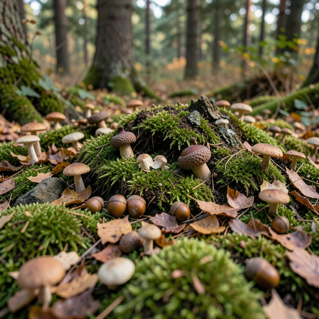 Forest floor in autumn with moss, mushrooms, and fallen acorns, earthy