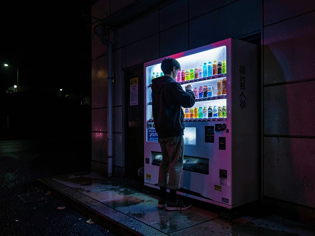 Teenager at school vending machine, off-limits sodas during hours, the rebelliou
