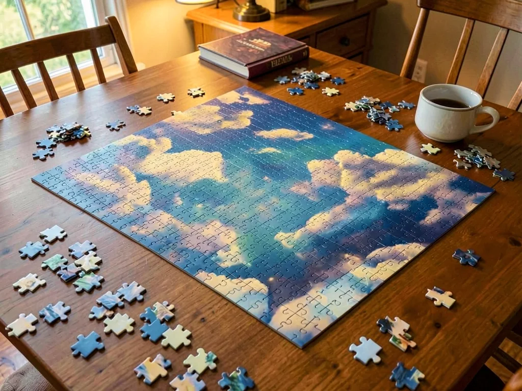 Half-completed jigsaw on dining table, edge pieces all placed, working inward on