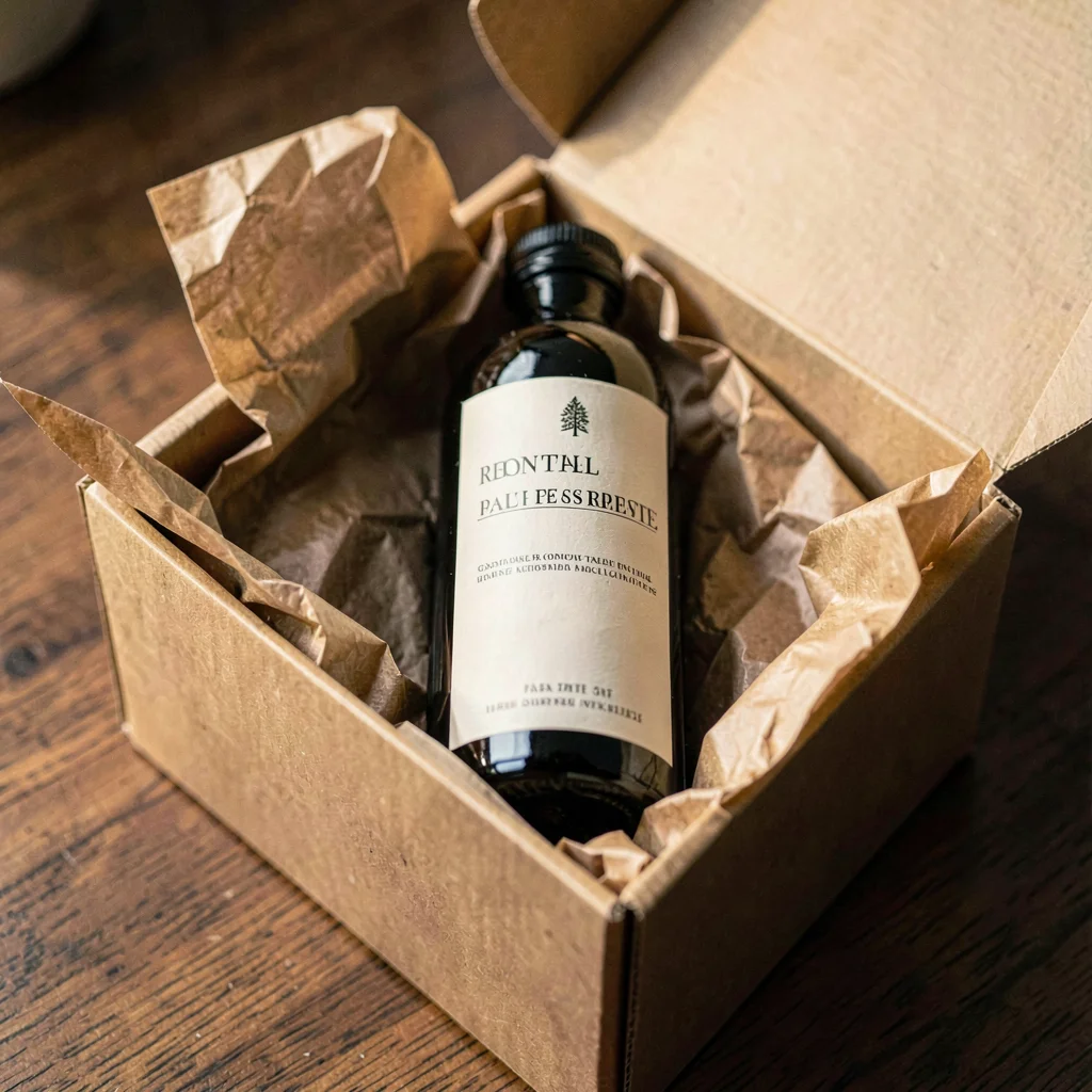 Warm photograph of an unboxed bottle nesting in tissue paper inside a kraft box