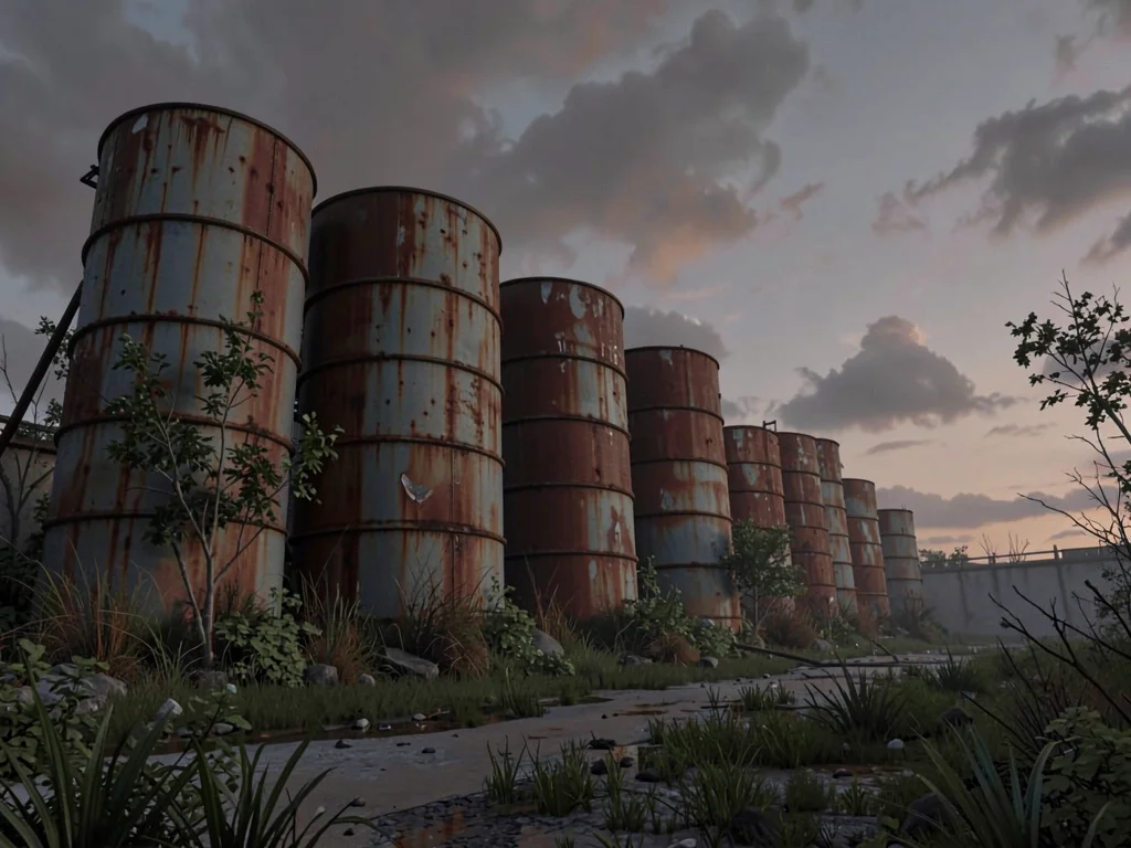 Rusted tank farm at dusk with eight cylindrical storage drums leaning at slight 