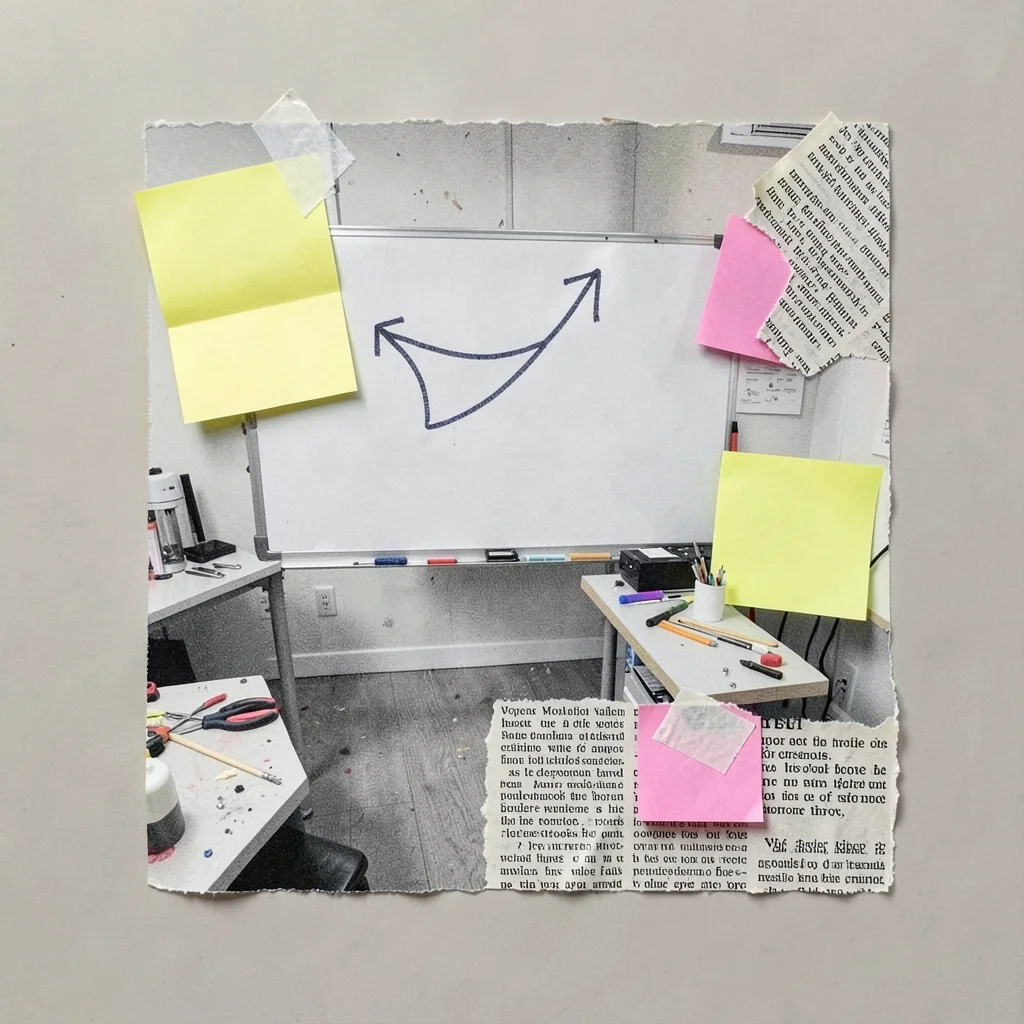 Editorial collage of a workshop scene rendered in cut paper — sticky notes, whit