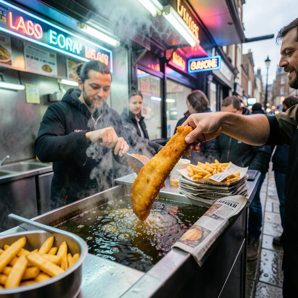 A fish and chips shop in London, fillets being lowered into bubbling oil, newspa